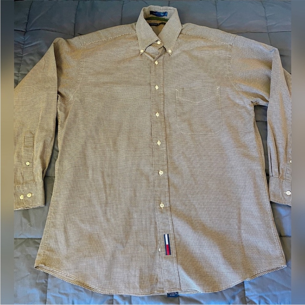 Tommy Hilfiger houndstooth brown long sleeve dress shirt 15 medium men's